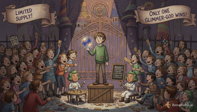 A whimsical, fantastical digital painting in the style of Charlie and the Chocolate Factory. An Oompa-Loompa stands on a crate outside the gates of a grand, eccentric chocolate factory, holding up a single, glowing, iridescent sphere candy called "Glimmer-Goo Orb." A massive, desperate crowd of children and adults is pushing and clamoring around the Oompa-Loompa, with some offering items like golden tickets and candy bars in exchange for the orb. The lighting is dramatic, with a spotlight on the orb and the Oompa-Loompa, contrasting with the muted factory in the background. High detail, vibrant colors for the crowd, subdued tones for the factory.
make it look more like the image and have those points in it and also make a 17 year old kid holding the object
have the words make sense and in english
(have it look exactly like the other picture)
