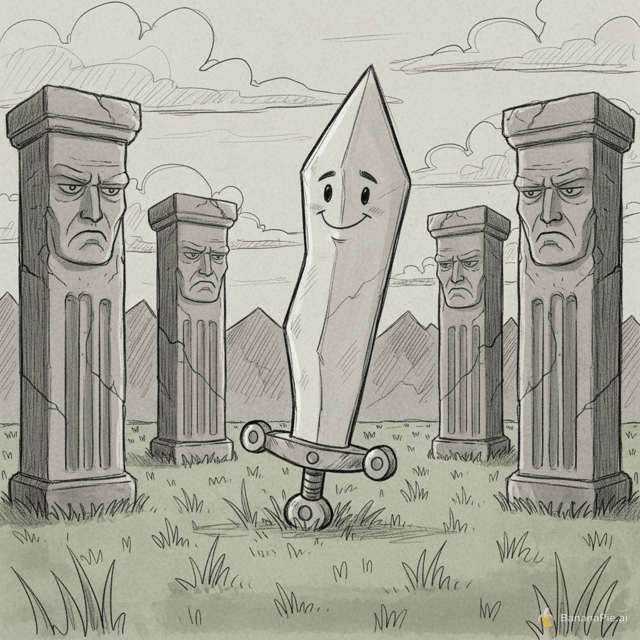 a cartoonish sword surrounded by serious pillars on grass all should be sketch style