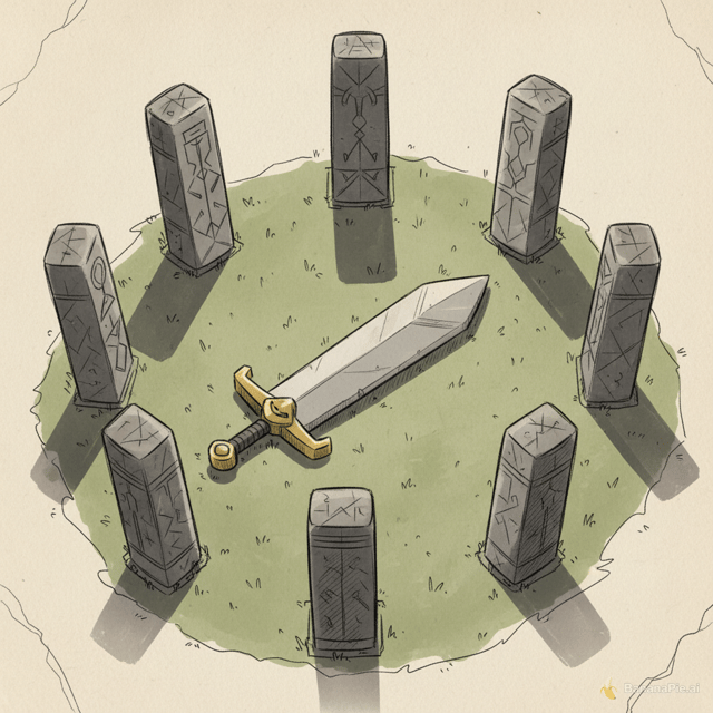 a cartoonish sword surrounded by serious pillars on grass all should be sketch style, no faces and the camera should be looking down from the sky at it
