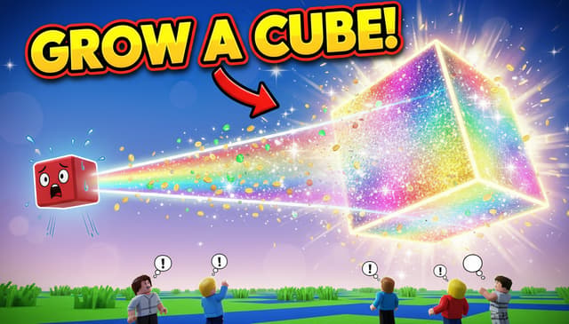 Create a highly clickable viral Roblox game thumbnail for a game called "GROW A CUBE".

A tiny cute cube is in the center, but it is rapidly growing into a MASSIVE gigantic cube that towers over the entire Roblox-style world. The small cube should look shocked and funny, while the giant cube looks ridiculously powerful and oversized.

Use the exaggerated visual style of popular viral Roblox simulator/brainrot game thumbnails: extremely vibrant colors, dramatic lighting, huge scale difference, exaggerated expressions, lots of energy, glowing effects, coins flying everywhere, speed lines, particles and motion.

Show a simple Roblox-style background with a colorful grassy area and a few small players looking up at the gigantic cube in shock.

Composition: gigantic cube dominating the right side, tiny starting cube on the left, strong visual contrast, cinematic perspective, dynamic camera angle, depth, bold shapes, instantly understandable gameplay concept.

Add huge readable text:
"GROW A CUBE!"

The thumbnail should look polished, chaotic, funny, highly clickable and professional, like a top-performing Roblox game thumbnail. No complicated UI, no unnecessary text, focus on the giant cube and the transformation from tiny to enormous.

16:9 aspect ratio, high detail, sharp, vibrant, eye-catching.