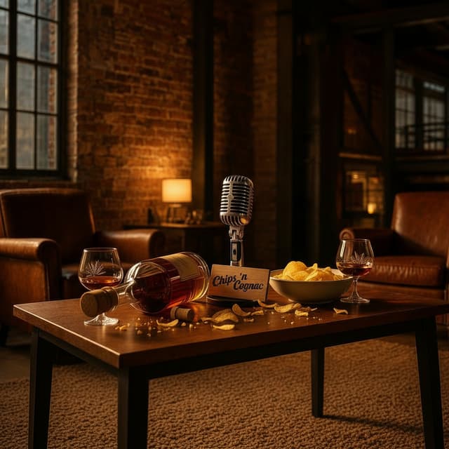 podcast Chips 'n' Cognac in a industrial loft decor, exposed brick walls and leather seating, warm glows, captured in cinematic style with Bottle Cognac, glasses, Microphone and chip crumbs in a deep shadows and rich amber tones