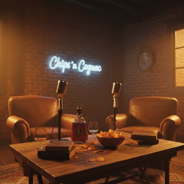 podcast Chips 'n' Cognac in a industrial loft decor, exposed brick walls and leather seating, warm glows, captured in cinematic style with Bottle Cognac, glasses, Microphone and Chips crumbs in a deep shadows and rich amber tones