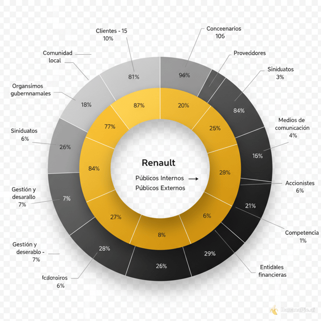 Crear una imagen de doble donut corporativo Renault con gradientes diferenciados por tipo de público.

Diseño general:

Fondo blanco o transparente, estilo limpio y moderno.

Sombras suaves y profundidad visual.

Etiquetas externas con líneas guía y porcentajes visibles.

Tipografía sans serif profesional.

Paleta corporativa Renault: amarillo, negro, gris oscuro y blanco.

Anillo interno – Públicos internos (gradiente de amarillos):

Empleados – 18%

Directivos – 8%

Gestión y desarrollo – 7%

Accionistas – 6%

Inversores – 6%

Anillo externo – Públicos externos (gradiente de grises y negro):

Clientes – 15%

Concesionarios – 10%

Proveedores – 8%

Organismos gubernamentales – 7%

Sindicatos – 6%

Consumidores – 4%

Medios de comunicación – 3%

Competencia – 1%

Comunidad local – 1%

Entidades financieras – 1%

Estilo visual:

Gradientes suaves para dar jerarquía y profundidad.

Líneas guía finas y precisas conectando etiquetas externas.

Diseño corporativo Renault, profesional y equilibrado.

Perspectiva plana o ligeramente 3D para realismo.
