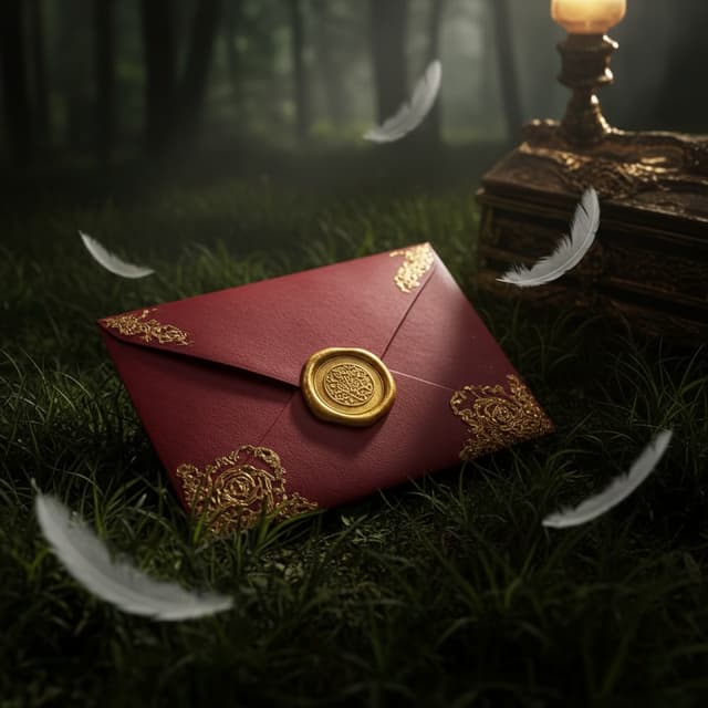 modifica questa foto mettendo la lettera rossa come la cera e la cera oro come la letters, cambia l'ambientazione mettendo dell'erba come fosse in un bosco e metti delle pime di gufo bianche che fluttuano e leva le rose anche dalla lettera ma lascia dei dettagli oro e rendi la forest un po' più iscura e meno magica