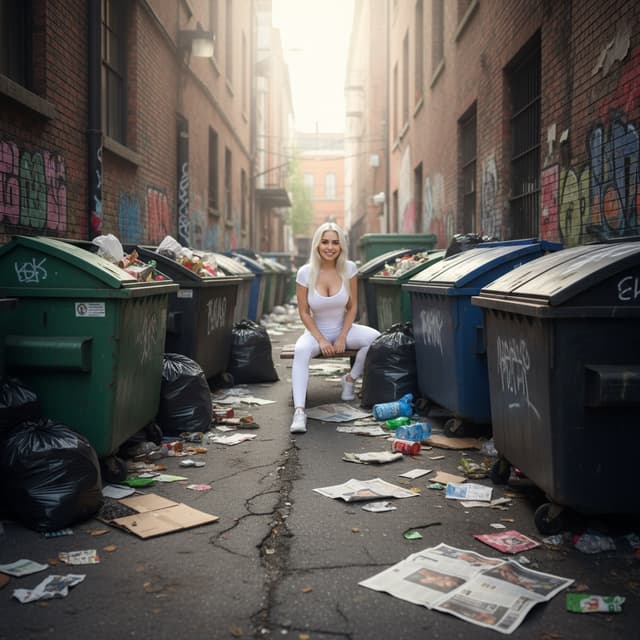 she is in an alley surrounded by garbage dumpsters