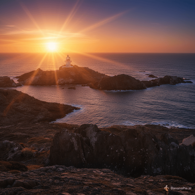 Integriere den Leuchtturm in das Bild mit dem Meer und füge eine Sonne mit Strahlen hinzu ähnlich wie bei einem Sonnenuntergang
