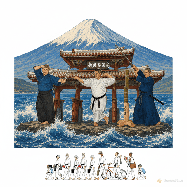 Coge la primera imagen, cambia los kanjis por estos 義志館道場, en la fuente que consideres. Quita las tres imágenes:  Kobudo, Karate, y Batto-Do, en su lugar coloca la otra imagen. Puedes hacerlo todo con el trazo de la segunda imagen?