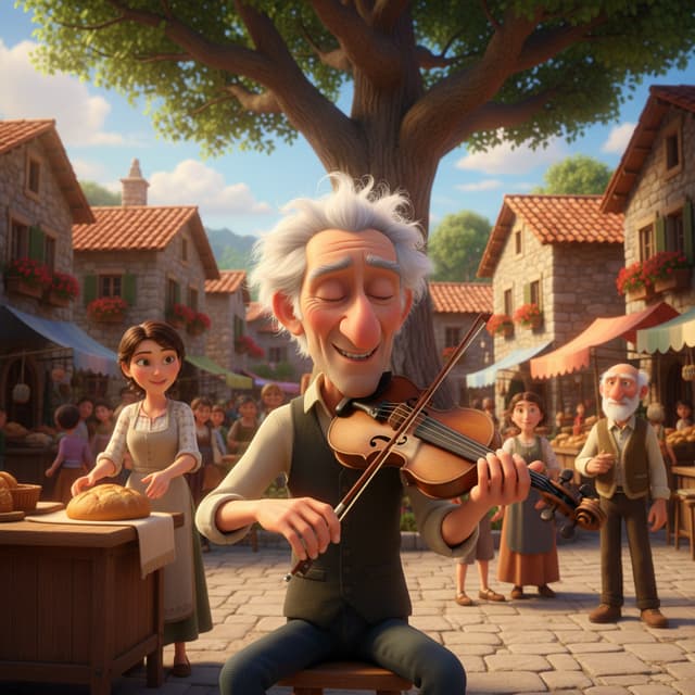 Mi crei un film cartoni animati 3d un uomo 70 anni che suona violino in paese sheze