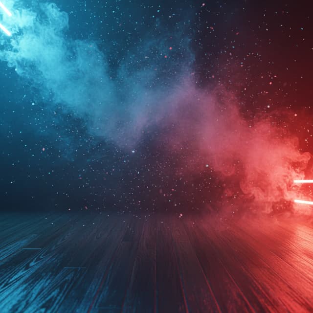 Create an image 600 x 850 mm with a red and blue color contrast. Use a dual lighting scheme. The top and left side with bluish/cyan tones (cool), and the bottom right with intense red/orange tones (warm). It's not a flat background; it has a smoke or floating particle texture illuminated by neon lights. The floor has a dark wood finish with specular highlights, giving it a premium and modern look.