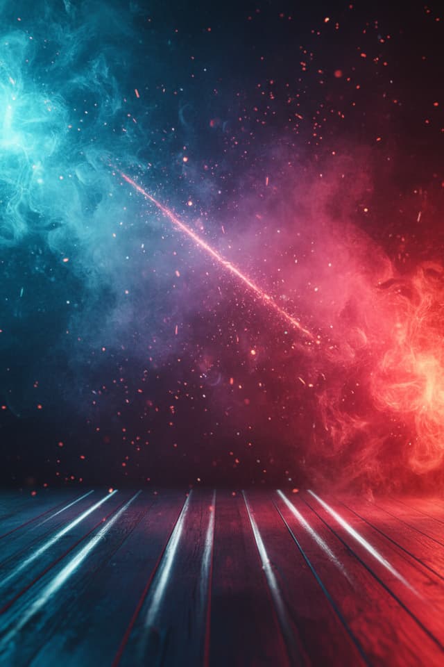 Create an image 600 x 850 mm with a red and blue color contrast. Use a dual lighting scheme. The top and left side with bluish/cyan tones (cool), and the bottom right with intense red/orange tones (warm). It's not a flat background; it has a smoke or floating particle texture illuminated by neon lights. The floor has a dark wood finish with specular highlights, giving it a premium and modern look.