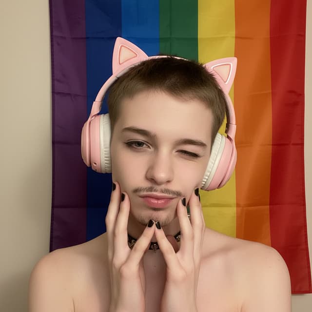 Make me have pink kitty headphones,emo with pride flag in back