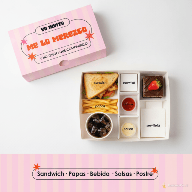 A ver, estoy haciendo un pasion proyects y necesito crear la aplicación de un packagim.el fondo debe ser de estilo fotografico luz de frente, muy editorial y limpio, así quiero que se vea el fondo. La 1da foto es la tapa de la caja, es una caja de comida, la 2ra foto es lo que debe llevar dentro la caja, quiero que donde dise sandwish pongas un sandwich y así susecibamente, la 3ra imagen, es el frente de la caja y la 4ta y 5ta imagen son los laterales, no hagas cambios en el logo ni en nada, ni en los colores