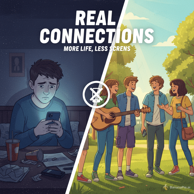 "A dramatic split-screen graphic illustration. On one side, a dark, moody room with a teenager looking stressed, illuminated only by the glow of a smartphone. On the other side, a bright, sunny outdoor scene with a group of happy teenagers hanging out and interacting face-to-face, with their phones put away. Modern, vibrant, youth campaign poster style."