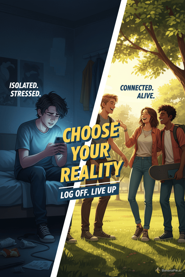 "A dramatic split-screen graphic illustration. On one side, a dark, moody room with a teenager looking stressed, illuminated only by the glow of a smartphone. On the other side, a bright, sunny outdoor scene with a group of happy teenagers hanging out and interacting face-to-face, with their phones put away. Modern, vibrant, youth campaign poster style."