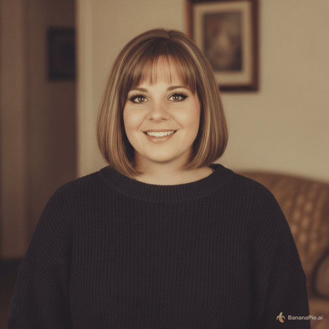 This woman in about 25 years and an extra 125 pound.Her hair is light brown with very light blonde highlights. The style is Bob just north of the floor with curtain bangs. Slightly thinner flace, bigger eyes with liner and fake easy. For the wrinkle under the eyes and light circles. Age the photo 40 years and darken the hair slightly.