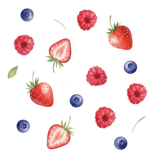 A beautiful, artistic watercolor illustration inspired by a Nordic summer. The design features fresh wild berries like raspberries, strawberries, and blueberries scattered gracefully against a soft, clean white background. Elegant and minimalist style, bright summer light, vibrant red and deep purple tones, perfect for edible wafer paper art.