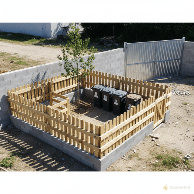 Realizzazione di uno steccato con paletti in legno e tavole distanziate tra di loro di qualche centimetro per una superficie di 3.0 m x 1.15 m ed altezza 1.0m, ricadente all’interno di un’area di maggiore superficie.
Lo steccato va realizzato in un angolo compreso tra due muretti in blocchetti di cemento di altezza 1.20m.
Nell’angolo tra i due muri è posizionato un albero di albicocche di latezza di circa 3.00m e occupata a terra uno spazio di 0.50x0.05 m.
I suddetti due muretti ad angolo sono lunghi rispettivamente 5.0m e 1.15 m.
Attaccato al muretto di 1.15 m è posto un cancello a due battenti di larghezza 4.0m.
Lo steccato in legno deve contenere lo spazio per almeno n. 4 bidoni per la spazzatura oltre ad uno spazio per la plastica, delimitato quest’ultimo dallo steccato per due lati e per i restanti due dal muretto.
All’interno dello steccato, nella parte sx occorre delimitare uno spazio di 1.00m x 1.15 m per contenere i sacchetti di plastica. La delimitazione ricomprende lo spazio dell’albero
L’accesso allo steccato è consentito mediante un cancelletto posto alla distanza di 1.0metro sul lato lungo a partire dalla destra.
In sostanza lo steccato è delimitato per due lati dai muretti e i restanti due dalla parte in legno.