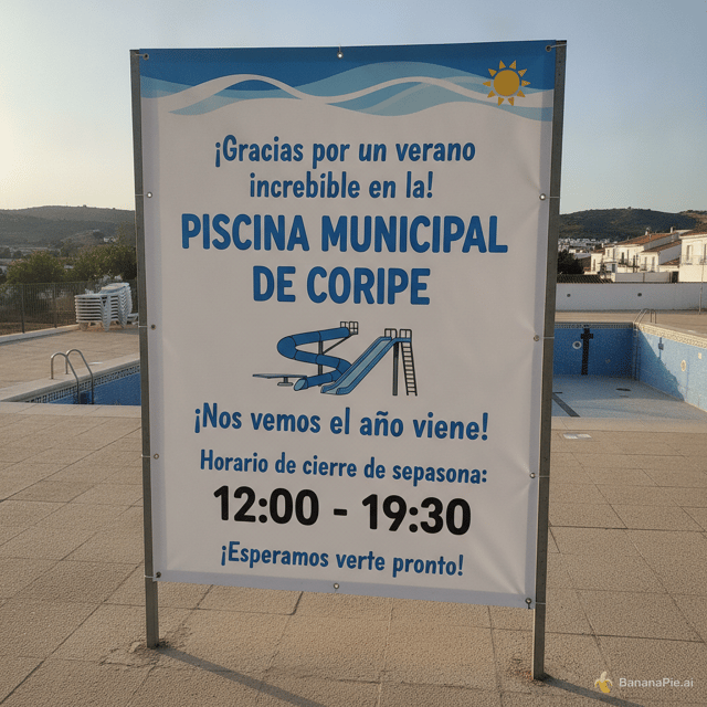 necesito un cartel para el cierre de temporada de una piscina municipal, no quiero que ponga entrada gratis ni nada de eso solo que es la piscina municipal de Coripe y que el horario es de 12:00 a 19:30