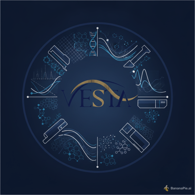 Create a distinctive premium profile image for the official **Vesta Diagnostics** channel, representing a professional company active in medical laboratory diagnostics, laboratory instruments, reagents and diagnostic technologies.

Build the composition around a sophisticated **circular diagnostic ecosystem**. Place the Vesta logo in the exact center as the visual anchor.

Around the logo, create a very subtle and elegant visual language representing the complete diagnostics workflow: laboratory analyzer technology, biochemical analysis, immunoassay, molecular diagnostics, reagent technology and laboratory data.

Use abstract representations rather than literal icons. Incorporate fine molecular structures, analytical curves, microscopic textures, precision grids and elegant instrument-inspired geometry.

The visual style should resemble the branding of a premium international **IVD / Medical Diagnostics company**.

Color palette: sophisticated navy and deep blue with clean white elements and restrained cool-blue highlights. High contrast, minimal visual noise, refined lighting and excellent negative space.

The result should feel:
**Scientific, Premium, Precise, Innovative, Trustworthy and Professional.**

No test tubes, no cartoon graphics, no generic medical cross, no human figures, no excessive symbols, no stock photography, no clutter.

Optimize specifically for a **small circular social media profile image**: strong central composition, recognizable silhouette, crisp details and excellent readability at thumbnail size.

1:1 square format, premium international corporate identity, modern IVD branding, sophisticated medical technology aesthetic, ultra high resolution.

Do not add any text other than the Vesta logo.