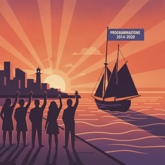 mi generi una immagine che rappresenti in maniera stilizzata un gruppo di persone di spalle che salutano un vascello che si allontana dal porto, la nave delle avere una bandiera con scritto programmazione 2014-2020