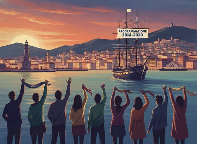 mi generi una immagine che rappresenti in maniera stilizzata un gruppo di persone di spalle che salutano un vascello che si allontana dal porto, la nave delle avere una bandiera con scritto programmazione 2014-2020, l'immagine deve avere colori realistici e lo sfondo deve essere quello della città di genova e le persone devono essere 10