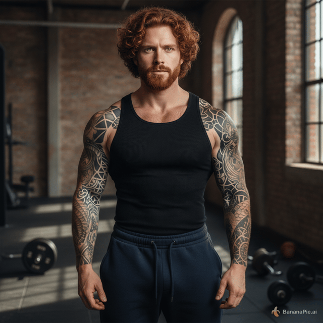 A handsome muscular man with a short trimmed beard, medium length curly red hair, golden yellow eyes, tattooed arms, wearing a tight black tank top and dark blue sweatpants