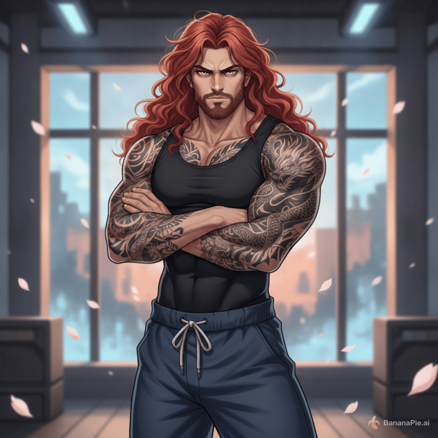A handsome muscular anime man with a short trimmed beard, long curly red hair, golden yellow eyes, tattooed arms, wearing a tight black tank top and dark blue sweatpants