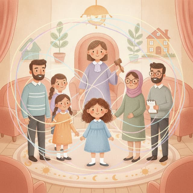 Child-friendly storybook illustration. An 11-year-old girl standing in the centre. Around her are her mum, dad, siblings, carers, psychologist, support worker and a judge. Everyone is connected by soft coloured lines showing support and care. Warm, comforting, inclusive style. The girl looks safe and supported. No empty space. courtroom setting. Focus on adults working together to help a child grow up safe and loved.