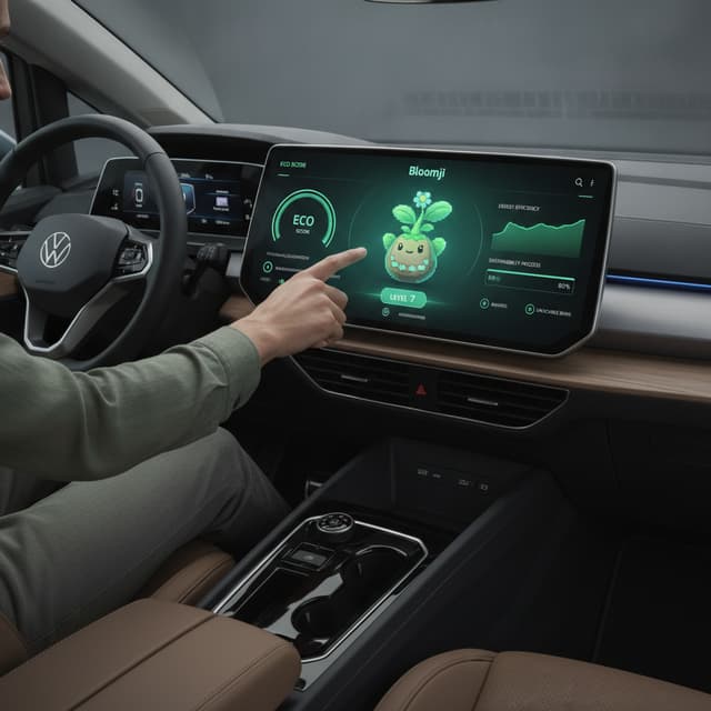 Professional automotive HMI concept art for Volkswagen. Inside a modern electric vehicle, a driver interacts with a large central touchscreen. The display shows "Bloomji", a cute Tamagotchi-style pixel plant in a flower pot, acting as a virtual companion. Bloomji is large and clearly visible in the center of the screen. Around Bloomji, an intuitive eco-driving dashboard displays driving style analysis, eco score, energy efficiency, smooth acceleration, regenerative braking, and sustainability progress.

The plant visibly grows and becomes healthier based on environmentally conscious driving behavior. The interface includes gamification elements such as level progression, rewards, achievements, unlockable skins, and growth stages. Clean Volkswagen-inspired UI design, green and blue color palette, futuristic but realistic infotainment system, intuitive user experience, sustainable mobility, positive feedback system.

The driver is touching the Bloomji widget directly on the vehicle screen, showing that Bloomji can be controlled through the infotainment display. Modern cockpit, premium Volkswagen interior, highly detailed, realistic lighting, professional concept illustration for an innovation presentation, storytelling focus on eco-driving and user engagement, no empty space, presentation-ready quality.