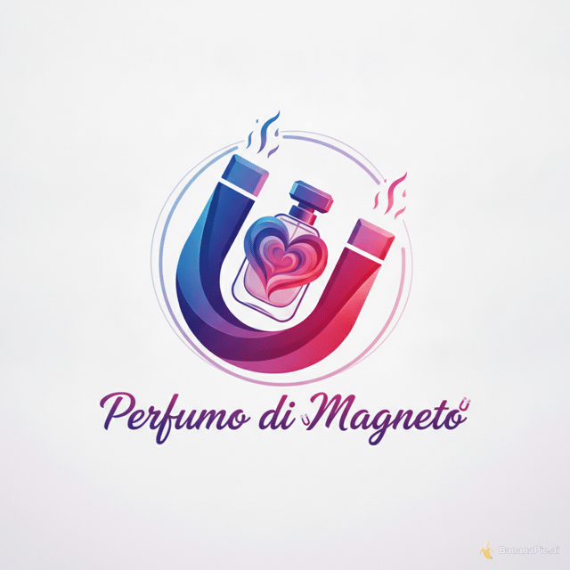 create a logo for a brand that is named perfumo di magneto because it magnetizes a loving partner make it elegant and magnet based and main colors are pink, purple, blue and red, and feel free to use color gradients and make it look like a magnet is magnetizing a perfume
