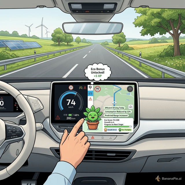 Professional automotive HMI concept illustration for a Volkswagen electric vehicle. Realistic modern car cockpit interior with a driver interacting naturally with the central infotainment display while driving on a normal paved public road.

The vehicle is traveling through a sustainable and environmentally friendly landscape consisting of green fields, meadows, trees, renewable energy infrastructure, solar panels and wind turbines in the distance. The car remains on a realistic roadway with proper lane markings and never drives off-road, through forests, grasslands or natural areas. Surrounding nature should appear harmonious and accessible from the road, creating a realistic sustainable mobility scenario.

The vehicle display must remain realistic and functional. Speedometer, current vehicle speed, battery/range indicator, navigation map, driving information, warning icons and vehicle status are clearly visible and remain the primary content of the screen.

Bloomji is integrated as an intelligent companion widget within the interface, occupying only a small section of the display (approximately 10-15% of the screen). Bloomji is positioned in the center-lower area of the infotainment system without obstructing safety-critical driving information.

Bloomji appears as a cute Tamagotchi-style pixel-art plant in a flowerpot inspired by the Bloomji logo. The character is alive, expressive and reacts emotionally to the driver's behavior.

The AI system continuously analyzes:
- current vehicle speed
- detected speed limits from navigation data
- route characteristics
- traffic conditions
- acceleration patterns
- braking behavior
- energy efficiency
- driving smoothness
- consumption forecasts
- environmental impact
- upcoming road conditions

Bloomji's emotions change dynamically:

Happy Bloomji:
- vibrant green leaves
- healthy growth
- cheerful appearance
- shown when driving efficiently and within speed limits

Neutral Bloomji:
- normal appearance
- average growth
- displayed during standard driving

Concerned Bloomji:
- slightly drooping leaves
- visible concern indicators
- triggered when the driver exceeds speed limits moderately

Sad Bloomji:
- wilted appearance
- faded leaf colors
- activated when repeatedly driving significantly faster than allowed or consuming excessive energy

The navigation system is intelligently connected to Bloomji and allows predictive eco-driving feedback. Bloomji understands speed limits ahead, route topology and predicted energy consumption.

Small contextual messages appear:
"Efficient driving today"
"Consumption reduced by 12%"
"Speed limit ahead"
"Reduce speed to preserve range"
"Eco bonus unlocked"
"Predicted range increased"
"Smooth driving detected"

Gamification features:
- Eco Score (91/100)
- Bloomji Growth Level
- Progress bar to next evolution stage
- Unlockable skins
- Reward badges
- Sustainable driving achievements
- Driving challenges
- Environmental milestones

The interface clearly communicates that Bloomji grows, evolves and becomes happier through environmentally responsible driving behavior. Sustainable driving improves Bloomji's health and progression, while inefficient driving impacts its mood and development.

Volkswagen design language, premium automotive UX, realistic infotainment system, clean modern HMI, highly detailed concept art, believable user interface, presentation-quality industrial design visualization, intuitive human-machine interaction, sustainable mobility innovation, realistic road environment, realistic vehicle operation, high-end automotive concept rendering, bright and inspiring atmosphere, no empty space, professional design thinking project illustration.