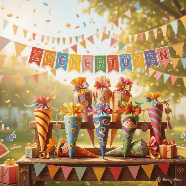 verändere das bild so dass da keine Personen im hintergrund sind und die Zuckertüten mit gesichtern umändern zu zuckertüten mit mustern
