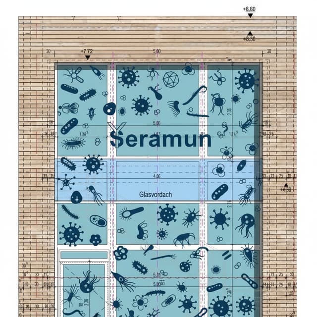 add dark blue schematic images of bacteria, viruses and parasites as well as the seramun logo to the window panels
