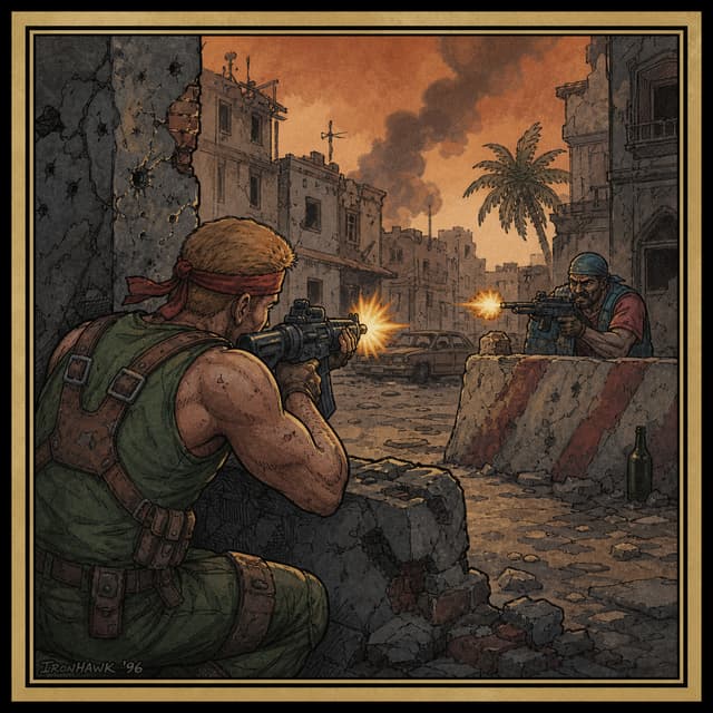 un immagine che servirà da illustrazione per una carta da gioco. devessere in stile arte carte magic anni 90, a tema jagged alliance 3 , ci devono essere 2 mercenari che si sparano da dietro delle coperure in stile urbano.