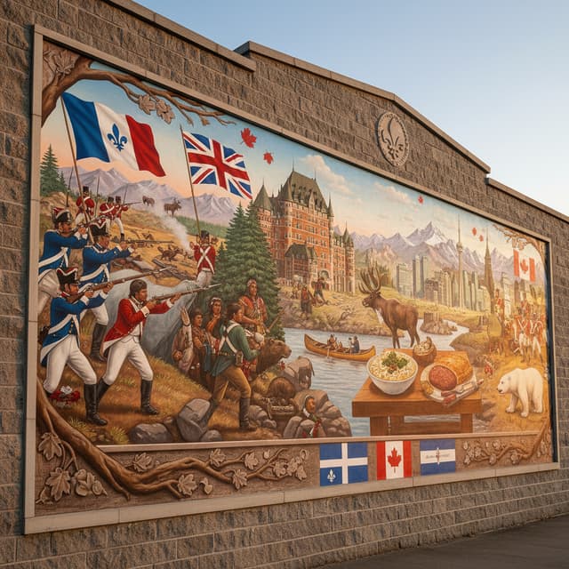 Peut-tu me faires une image qui décrit l'histoire du Cnada et Québec? (cela inclu la guerre d'indépendence, des animaux symboliques, nourritures, lieux du Canada et Québec.)