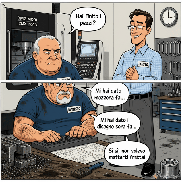 2D cartoon comic strip, flat illustration style, bold black outlines, white background, Italian workshop humor. SCENE: CNC machine shop, Maurizio sitting at CNC control panel programming, concentrated face, fingers on keyboard. LEFT CHARACTER - Maurizio: stocky muscular grumpy Italian machinist 50 years old, receding white hair, white goatee, thick glasses, blue dirty work t-shirt with name tag "MAURIZIO", oil stains, sitting at CNC control panel, typing program code on machine keyboard, turning head toward Fausto with extremely annoyed and disbelieving expression, one eyebrow raised. RIGHT CHARACTER - Fausto: tall slim Italian technical engineer 45 years old, neat dark hair, thin glasses, clean light blue checkered shirt with name tag "FAUSTO", grey trousers, standing behind Maurizio, nervous forced smile, hands clasped together, slightly sweating. Speech bubble FAUSTO top: "Hai finito i pezzi?" Speech bubble MAURIZIO middle: "Mi hai dato il disegno mezz'ora fa..." Speech bubble FAUSTO bottom: "Sì sì, non volevo metterti fretta!" Details: CNC machine control panel with code on screen, technical drawing on desk next to keyboard, clock on wall showing recent time, workshop tools in background, sweat drop on Fausto's forehead, Maurizio's death stare. Style: comic strip panel, same Nano Banana style, merchandising ready, clean bold colors, no gradients, name tags clearly visible on both characters.
GPT Image 2
1024×1024
Dynamic
Low
Failed Generation
Your request did not meet content safety guidelines. Your tokens have been credited back to your account.