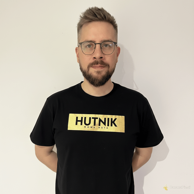 Change this image so that the person has hands behind their back in a formal posture.