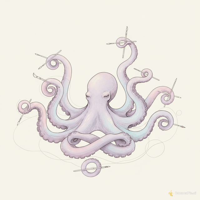 Kreativkrake en méditation créative
Description :
Un poulpe assis en tailleur, les tentacules enroulés en forme de spirales ou de vagues, comme s’il méditait ou dessignait dans l’air. Ses ventouses pourraient être remplacées par des petits pinceaux ou des crayons.
Couleurs :
Corps : lavande pâle
Tentacules : dégradé de rose poudré et bleu pastel
Fond : blanc cassé ou crème
Lignes :
Traits fins et fluides, presque calligraphiques, pour souligner la grâce du mouvement.