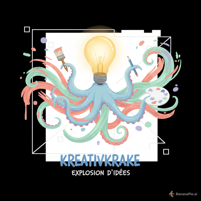 Kreativkrake en explosion d’idées
Description :
Un poulpe dont la tête est une ampoule allumée (symbole de l’idée), avec des tentacules qui s’étirent comme des traits de pinceau ou des éclaboussures de peinture. Certains tentacules tiennent des outils créatifs (pinceau, crayon, palette).
Couleurs :
Corps : bleu pastel
Ampoule : jaune pâle
Tentacules : vert menthe, corail, lilas
Fond : blanc ou gris très clair
Lignes :
Lignes géométriques et organiques, avec des courbes douces pour les tentacules.