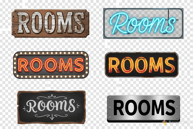 crea varios carteles con la palabra "ROOMS", en png, separados para poder recortarlos