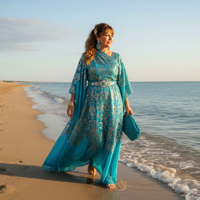 Strandspaziergang Frau 65 Jahre Kleidergröße 48, Modern Style, türkis, realistisch, Frisur halblang, braun, goldene Strähnen

Der Stil soll elegant und extravagant sein