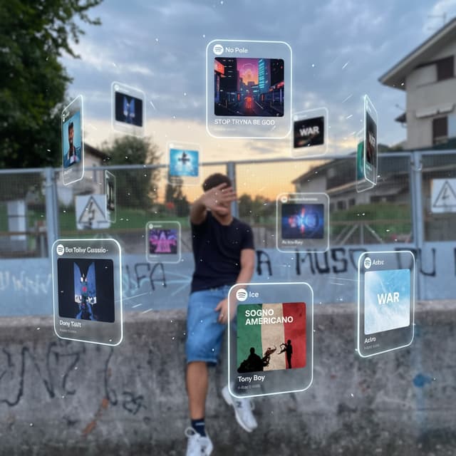 A cinematic, dreamlike AR visual featuring a central 151 photorealistic person surrounded by floating 3D Spotify/ Apple Music interface cards. No dramatic look. The cards orbit around the subject at varying depths-some in the foreground obscuring the figure, others drifting behind. Style: Translucent frosted glass with glowing borders and rounded edges. Lighting: natural tones, Enhance the photo quality Includes depth of field (blurred background cards) and motion accents, highlighting:
No Pole - Don Toliver
STOP TRYNA BE GOD - Travis Scott
SOGNO AMERICANO - Artie 5ive
Ice - Tony Boy
WAR - Astro