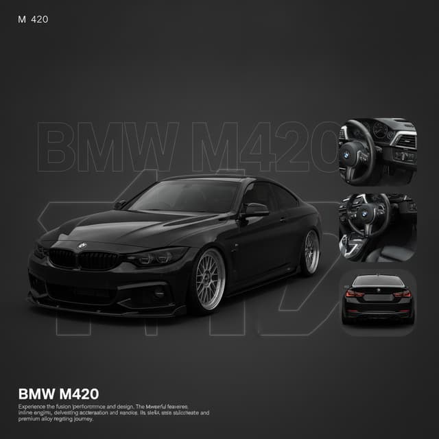 Do NOT change the vehicle's model, shape, color, or modifications.
Use the provided car brand and logo from the reference images.
The brand name and logo must match the given car, not any default brand. All design elements must adapt to the provided car.
STYLE:
Single-tone color theme based on the car's paint color
Smooth gradient background Soft studio lighting and reflections Minimal futuristic premium automotive aesthetic
Clean professional poster layout LAYOUT:
1. Background
Clean gradient background based on car color
Subtle geometric shapes Soft light glow behind main car Slight depth blur for background elements 2. Top Section
Small model number or variant text (based on given car) Positioned near top-lett Minimal modern typography
3. Giant Typography
Large bold vertical model name behind the main car
Semi-transparent
Stretched modern font
Must use the provided car's model name 4. Main Vehicle
Large hero shot of the main car centered Slight shadow under car
Studio-lit premium look Maintain original car proportions 5. Right-side Image Stack
2-3 smaller reference images placed on the right side
Sliaht overlap lavout
Must use the provided car's model name 4.
Main Vehicle
Large hero shot of the main car centered
Slight shadow under car
Studio-lit premium look Maintain original car proportions 5. Right-side Image Stack
2-3 smaller reference images placed on the right side
Slight overlap layout Rounded or clean rectangular frames These images must come from the additional pictures providedMust use the provided car's model name 4. Main Vehicle
Large hero shot of the main car centered Slight shadow under car
Studio-lit premium look Maintain original car proportions 5. Right-side Image Stack
2-3 smaller reference images placed on the right side
Slight overlap layout
Rounded or clean rectangular frames These images must come from the additional pictures provided
Use different angles (rear / interior / detail 6. Bottom Section
Car model name in bold
Short descriptive paragraph based on the provided car
The description must match
that car's: performance engine type design highlights handling unique features 7. Typography
Clean modern sans-serif font Minimal spacing
- high end automotive poster feel Color:
Everything must match the trucks body color tone monochrome color grading that car's: performance engine type design highlights handling unique features 7. Typography
Clean modern sans-serif font Minimal spacing
- high end automotive poster feel Color:
Everything must match the trucks body color
tone monochrome color grading
Soft gradient transitions my cars a bmw m420