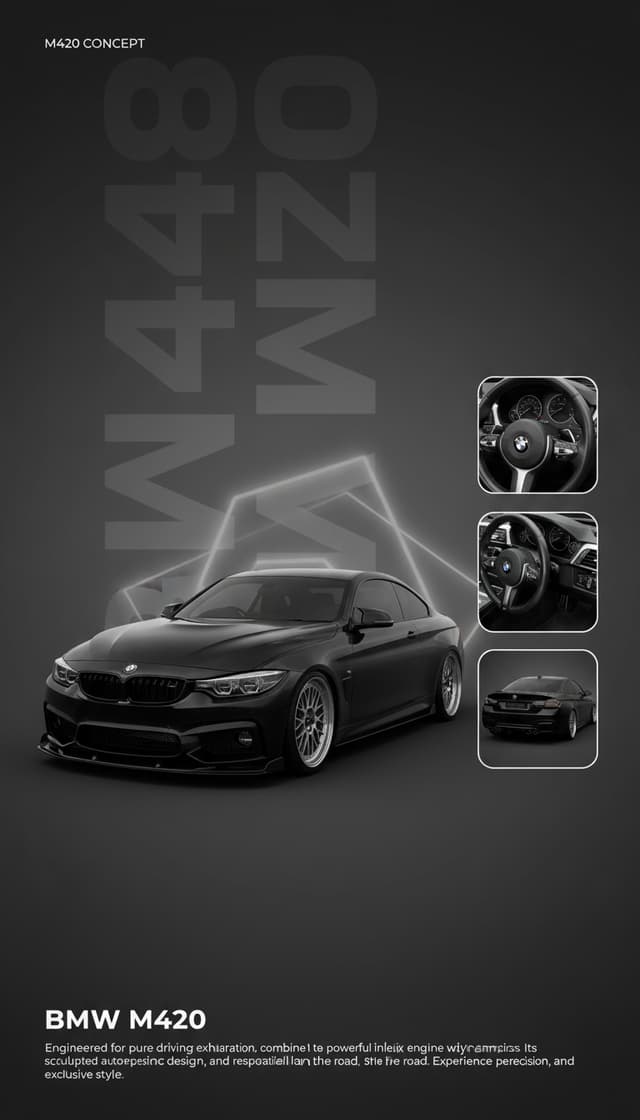 Do NOT change the vehicle's model, shape, color, or modifications.
Use the provided car brand and logo from the reference images.
The brand name and logo must match the given car, not any default brand. All design elements must adapt to the provided car.
STYLE:
Single-tone color theme based on the car's paint color
Smooth gradient background Soft studio lighting and reflections Minimal futuristic premium automotive aesthetic
Clean professional poster layout LAYOUT:
1. Background
Clean gradient background based on car color
Subtle geometric shapes Soft light glow behind main car Slight depth blur for background elements 2. Top Section
Small model number or variant text (based on given car) Positioned near top-lett Minimal modern typography
3. Giant Typography
Large bold vertical model name behind the main car
Semi-transparent
Stretched modern font
Must use the provided car's model name 4. Main Vehicle
Large hero shot of the main car centered Slight shadow under car
Studio-lit premium look Maintain original car proportions 5. Right-side Image Stack
2-3 smaller reference images placed on the right side
Sliaht overlap lavout
Must use the provided car's model name 4.
Main Vehicle
Large hero shot of the main car centered
Slight shadow under car
Studio-lit premium look Maintain original car proportions 5. Right-side Image Stack
2-3 smaller reference images placed on the right side
Slight overlap layout Rounded or clean rectangular frames These images must come from the additional pictures providedMust use the provided car's model name 4. Main Vehicle
Large hero shot of the main car centered Slight shadow under car
Studio-lit premium look Maintain original car proportions 5. Right-side Image Stack
2-3 smaller reference images placed on the right side
Slight overlap layout
Rounded or clean rectangular frames These images must come from the additional pictures provided
Use different angles (rear / interior / detail 6. Bottom Section
Car model name in bold
Short descriptive paragraph based on the provided car
The description must match
that car's: performance engine type design highlights handling unique features 7. Typography
Clean modern sans-serif font Minimal spacing
- high end automotive poster feel Color:
Everything must match the trucks body color tone monochrome color grading that car's: performance engine type design highlights handling unique features 7. Typography
Clean modern sans-serif font Minimal spacing
- high end automotive poster feel Color:
Everything must match the trucks body color
tone monochrome color grading
Soft gradient transitions my cars a bmw m420
