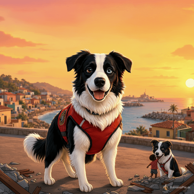 Pon la imagen de este perro exacta sin las letras y con el fondo de vargas, en venezuela. Es para una portada de cuento infantil, por lo que necesito que conserve el diseño cómic lo mas sensible posible. Es un perro rescatista llamdo tsunami que salvó muchas  vidas consiguiendo niños en los escombros. La imagen debe pesar mínimo 300 ppp