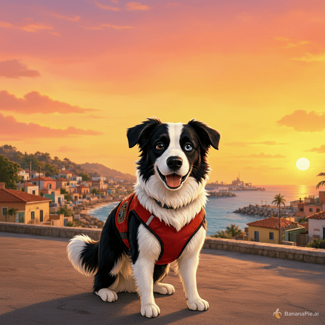 Pon la imagen de este perro exacta sin las letras y con el fondo de vargas, en venezuela. Es para una portada de cuento infantil, por lo que necesito que conserve el diseño cómic lo mas sensible posible. Es un perro rescatista llamdo tsunami que salvó muchas  vidas consiguiendo niños en los escombros. La imagen debe pesar mínimo 300 ppp. Quita ese perro y niño de la parte inferior izquierda y amplía el atardecer que quede el sol en el centro. El tamaño del perro puede ser mas pequeño