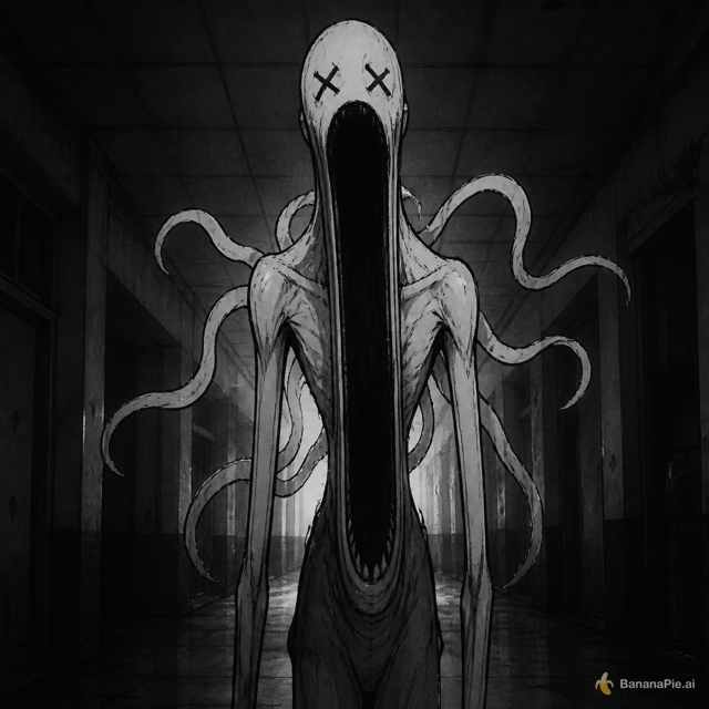 Tall anime ink skin in a hall looking at you mouth open impossiblely wide x eyes