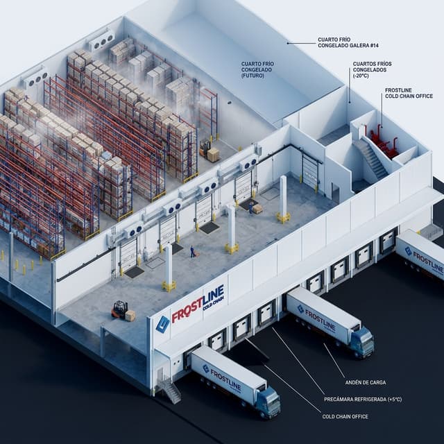 Genera una vista isometrica de la bodega congelada.

Te adjunto:

1. el plano de la bodega
2. imagen de la ante camara de la bodega
3. imagen de unos de los cuartos frios
4. modelo referencia de la imagen que queiro crear
5. EL LOGO QUE DEBES UTILIZAR .