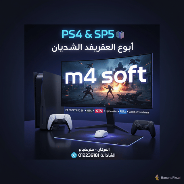 [12:27 am, 27/08/2026] +249 91 788 4506: Make "m4 soft" the strongest visual element.
Use excellent Arabic typography for the Arabic text and clear modern English typography for the brand.
Professional commercial advertising poster, high contrast, sharp details, premium lighting, balanced composition, suitable for Facebook and Instagram.

IMPORTANT:
Do not invent extra text.
Do not add fake logos.
Do not add prices.
Keep all text correctly spelled and clearly readable.
[12:27 am, 27/08/2026] +249 91 788 4506: Create a professional square promotional poster for a Sudanese gaming and technology business called "m4 soft".

Theme: PS4 & PS5 gaming.

Show a modern gaming setup with a PS5 console, PS4 console, DualSense and DualShock controllers, a large gaming monitor displaying an exciting action-game scene, dramatic gaming atmosphere, premium realistic 3D style.

Main headline:
"PS4 & PS5 🎮"

Secondary text:
"أقوى الألعاب متوفرة عندنا"

Add small highlighted game titles:
"EA SPORTS FC 26 • GTA • God of War • Spider-Man • RDR2 • Ghost of Tsushima"

Use a modern dark gaming aesthetic with energetic lighting, clean composition, premium technology-store advertising style.

Clearly display:
"m4 soft"
"الخرطوم – أركويت"
"0122379181"
"واتساب واتصال"