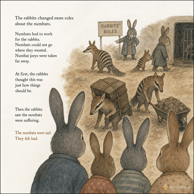 Create a page for a picture book in the style and theme of the picture book callled the rabbits by shaun taun where the rabbits started changing rules about the numbats because the numbats were forced to do labour and kids were being kidnapped, making the kind rabbits understand that they were suffering and felt ba
make this into a picture book with all the conventions and SWT